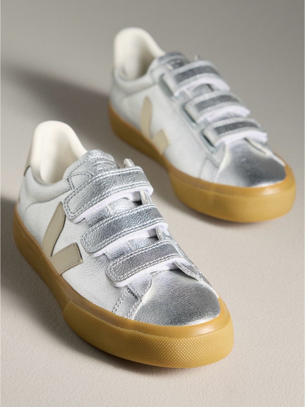 Veja Recife Metallic Leather Velcro Sneakers Silver & White